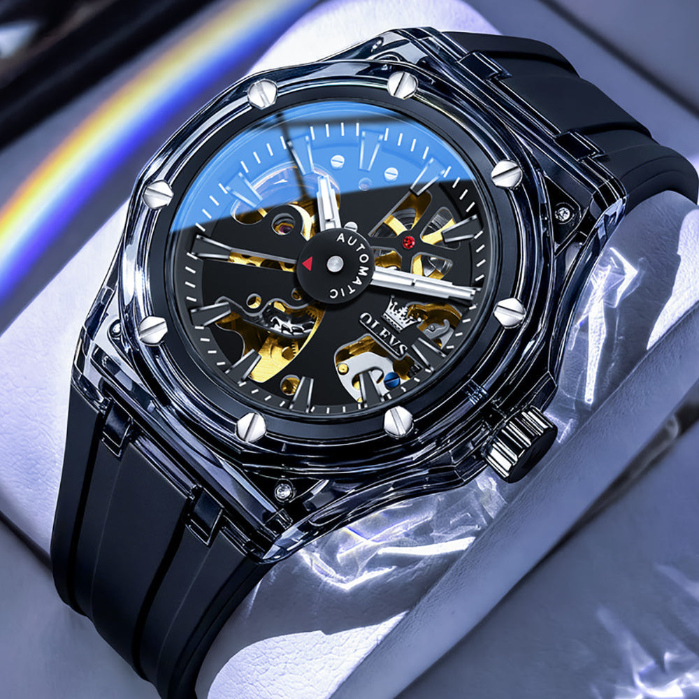 All Black transparent watch studio closeup - OLEVS 6788