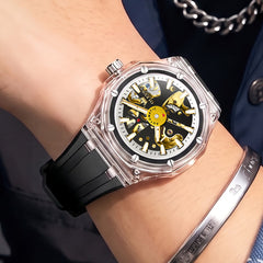Black Clear skeleton dial on wrist - OLEVS 6788