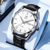 OLEVS 6898P Ultra Thin Day Date Watch Leather Strap Quartz Casual Timepiece for Men - Silver White Watch | Olevs Watch Store