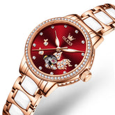 OLEVS 7001 Koi Skeleton Ceramic Mechanical Watch for Women - Rose Gold Red Dial Watch | Olevs Watch Store