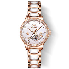 OLEVS 7001 Koi Skeleton Ceramic Mechanical Watch for Women - Rose Gold White Dial Watch | Olevs Watch Store