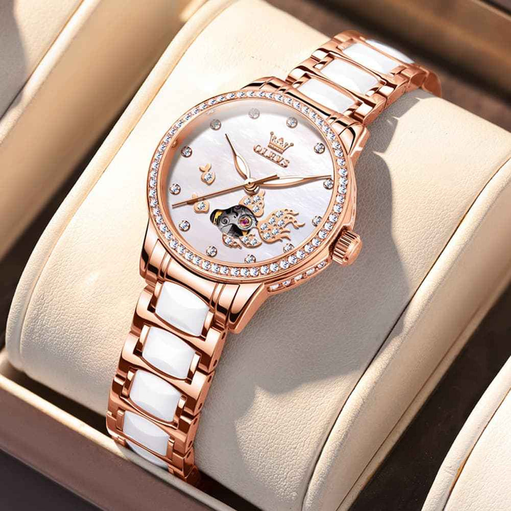 OLEVS 7001 – Women's Koi Skeleton Ceramic Mechanical Watch