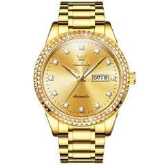 OLEVS 7003 Diamond Bezel Day Date Mechanical Watch for Men - All Gold Watch | Olevs Watch Store
