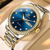 OLEVS 7003 Diamond Bezel Day Date Mechanical Watch for Men - Two Tone Blue Watch | Olevs Watch Store