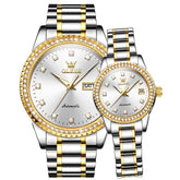 OLEVS 7003Q Diamond Bezel Automatic Couple Watch Set - Two Tone White Watch | Olevs Watch Store