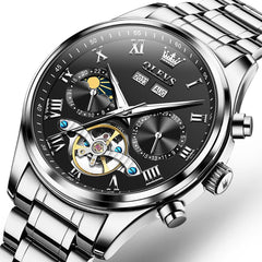 OLEVS 7005 Multi Function Skeleton Mechanical Watch for Men - Silver Black Watch | Olevs Watch Store