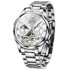 OLEVS 7005 Multi Function Skeleton Mechanical Watch for Men - Silver White Watch | Olevs Watch Store