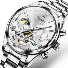 OLEVS 7005 Multi Function Skeleton Mechanical Watch for Men - Silver White Watch | Olevs Watch Store