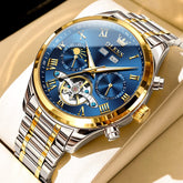 OLEVS 7005 Multi Function Skeleton Mechanical Watch for Men - Two Tone Blue Watch | Olevs Watch Store
