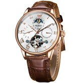 OLEVS 7009 Sun and Moon Skeleton Mechanical Watch for Men - Rose Gold White Leather Watch | Olevs Watch Store