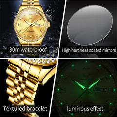 OLEVS 7012 Roman Numerals Diamond Bezel Mechanical Watch for Men - All Gold Watch | Olevs Watch Store