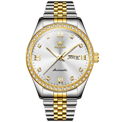 OLEVS 7012 Roman Numerals Diamond Bezel Mechanical Watch for Men - All Gold Watch | Olevs Watch Store