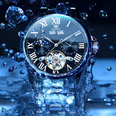 OLEVS 7013 Multi Function Sun and Moon Mechanical Watch for Men - Leather Silver Black Watch | Olevs Watch Store