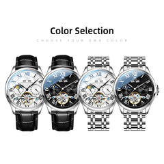 OLEVS 7013 Multi Function Sun and Moon Mechanical Watch for Men - Leather Silver Black Watch | Olevs Watch Store