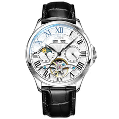 OLEVS 7013 Multi Function Sun and Moon Mechanical Watch for Men - Leather Silver Black Watch | Olevs Watch Store