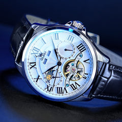 OLEVS 7013 Multi Function Sun and Moon Mechanical Watch for Men - Leather Silver Black Watch | Olevs Watch Store