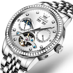 OLEVS 7016 Diamond Multi Function Sun and Moon Mechanical Watch for Men - Silver Blue Watch | Olevs Watch Store