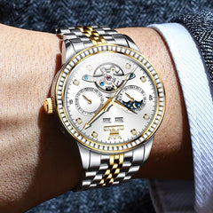 OLEVS 7016 Diamond Multi Function Sun and Moon Mechanical Watch for Men - Silver Blue Watch | Olevs Watch Store