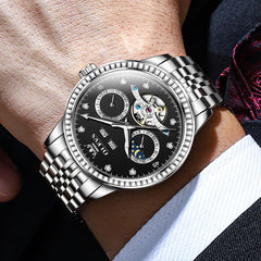OLEVS 7016 Diamond Multi Function Sun and Moon Mechanical Watch for Men - Silver Blue Watch | Olevs Watch Store
