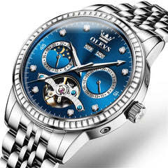 OLEVS 7016 Diamond Multi Function Sun and Moon Mechanical Watch for Men - Silver Blue Watch | Olevs Watch Store