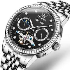 OLEVS 7016 Diamond Multi Function Sun and Moon Mechanical Watch for Men - Silver Blue Watch | Olevs Watch Store