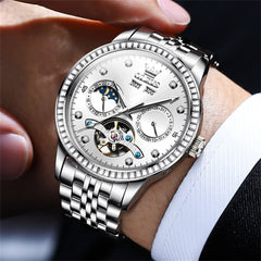 OLEVS 7016 Diamond Multi Function Sun and Moon Mechanical Watch for Men - Silver Blue Watch | Olevs Watch Store