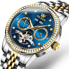 OLEVS 7016 Diamond Multi Function Sun and Moon Mechanical Watch for Men - Silver Blue Watch | Olevs Watch Store