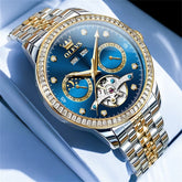 OLEVS 7016 Diamond Multi Function Sun and Moon Mechanical Watch for Men - Two Tone Blue Watch | Olevs Watch Store