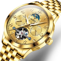 OLEVS 7018 Sun and Moon Skeleton Mechanical Watch for Men - Champagne Watch | Olevs Watch Store