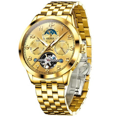 OLEVS 7018 Sun and Moon Skeleton Mechanical Watch for Men - Champagne Watch | Olevs Watch Store