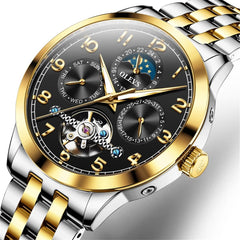 OLEVS 7018 Sun and Moon Skeleton Mechanical Watch for Men - Champagne Watch | Olevs Watch Store