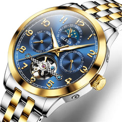 OLEVS 7018 Sun and Moon Skeleton Mechanical Watch for Men - Champagne Watch | Olevs Watch Store
