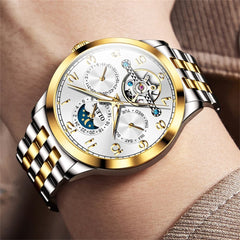 OLEVS 7018 Sun and Moon Skeleton Mechanical Watch for Men - Champagne Watch | Olevs Watch Store