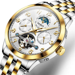 OLEVS 7018 Sun and Moon Skeleton Mechanical Watch for Men - Champagne Watch | Olevs Watch Store