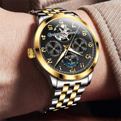 OLEVS 7018 Sun and Moon Skeleton Mechanical Watch for Men - Champagne Watch | Olevs Watch Store