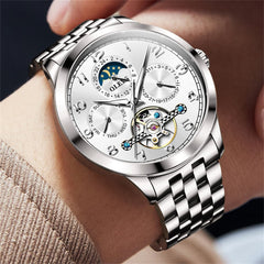 OLEVS 7018 Sun and Moon Skeleton Mechanical Watch for Men - Champagne Watch | Olevs Watch Store