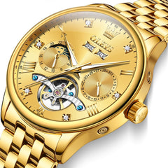 OLEVS 7023 Skeleton Moon Phase Automatic Watch for Men - All Gold Watch | Olevs Watch Store