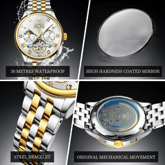 OLEVS 7023 Skeleton Moon Phase Automatic Watch for Men - All Gold Watch | Olevs Watch Store