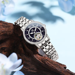 OLEVS 7036 Open Heart Automatic Watch For Women - Silver Mother of Pearl Watch | Olevs Watch Store