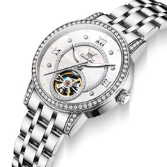 OLEVS 7036 Open Heart Automatic Watch For Women - Silver Mother of Pearl Watch | Olevs Watch Store