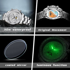 OLEVS 7038 Luxury Diamond Moon Phase Mechanical Watch For Men - All Silver Watch | Olevs Watch Store