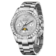OLEVS 7038 Luxury Diamond Moon Phase Mechanical Watch For Men - All Silver Watch | Olevs Watch Store