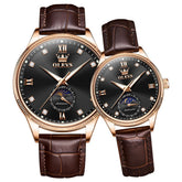 OLEVS 7039 Leather Moon Phase Couples Watch Set - Rose Gold Black Watch | Olevs Watch Store