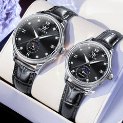 OLEVS 7039 Leather Moon Phase Couples Watch Set - Rose Gold White Watch | Olevs Watch Store
