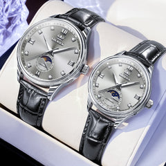 OLEVS 7039 Leather Moon Phase Couples Watch Set - Rose Gold White Watch | Olevs Watch Store