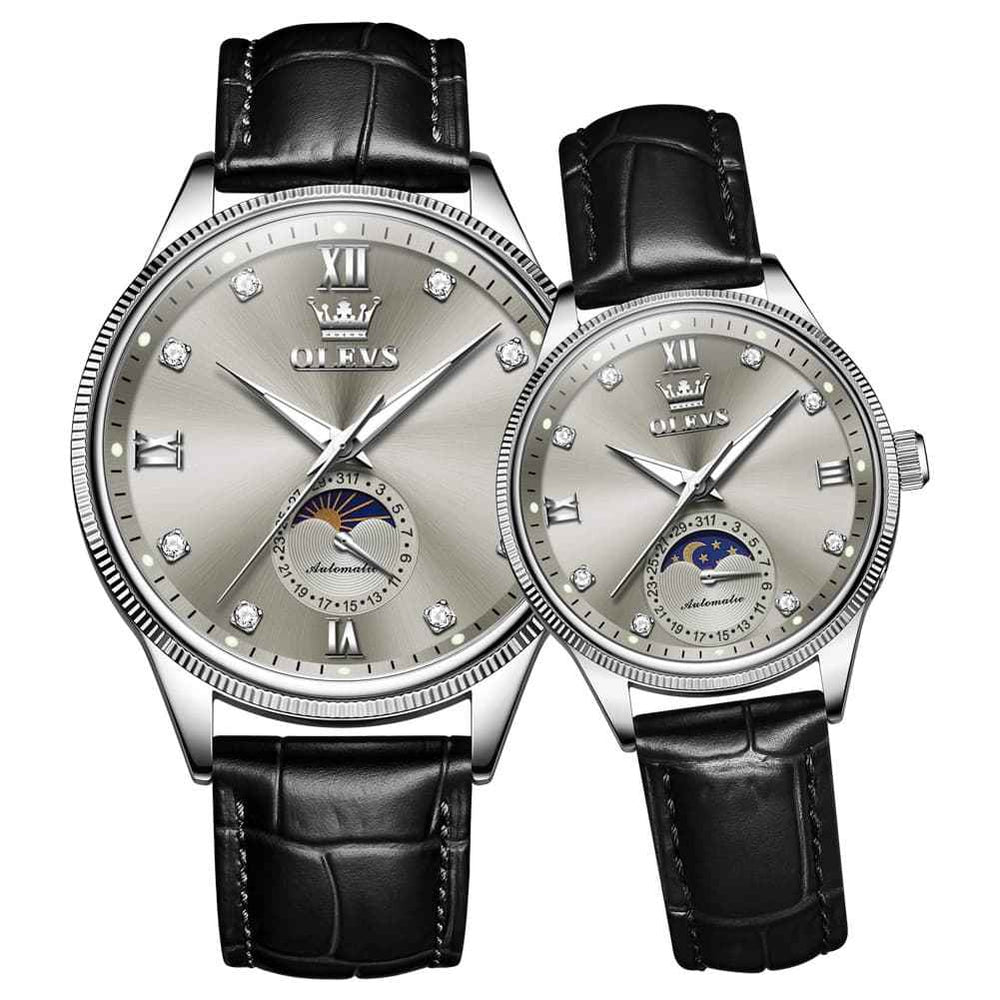 OLEVS 7039 – Couples' Leather Moon Phase Watch Set