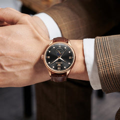 OLEVS 7039 Leather Moon Phase Mechanical Watch For Men - Rose Gold Black Watch | Olevs Watch Store