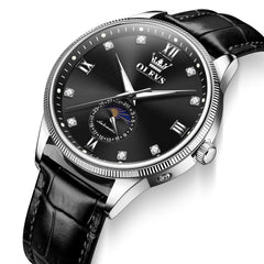 OLEVS 7039 Leather Moon Phase Mechanical Watch For Men - Rose Gold Black Watch | Olevs Watch Store