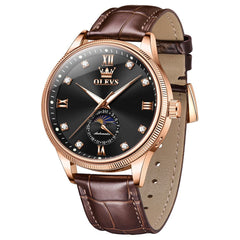 OLEVS 7039 Leather Moon Phase Mechanical Watch For Men - Rose Gold Black Watch | Olevs Watch Store