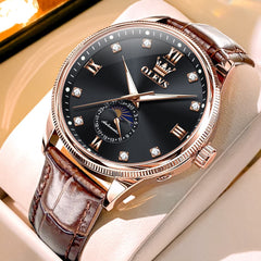 OLEVS 7039 Leather Moon Phase Mechanical Watch For Men - Rose Gold Black Watch | Olevs Watch Store